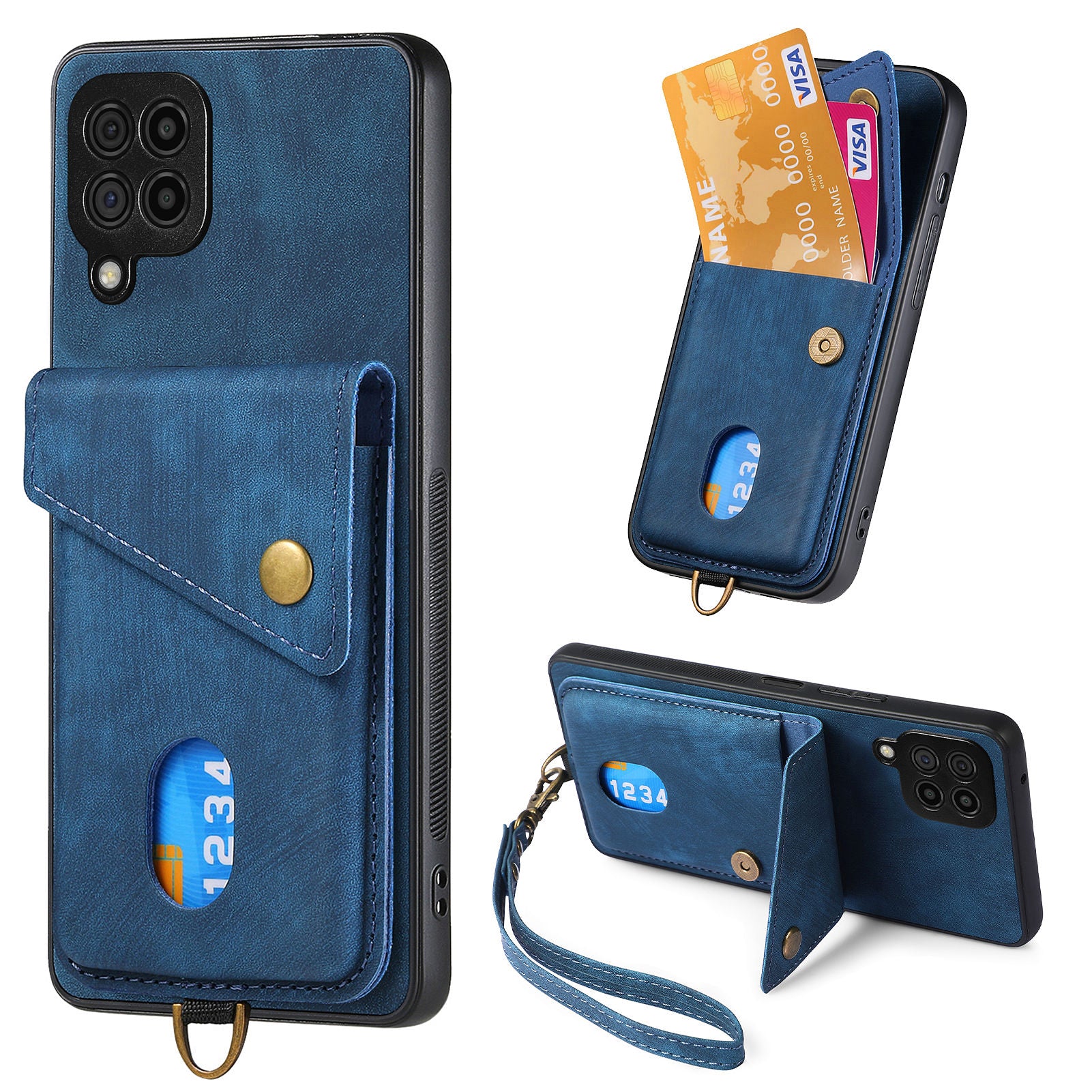For Samsung Galaxy A22 4G (EU Version) Kickstand Case Leather Coated PC TPU Phone Cover with Card Holder For Samsung Galaxy A22 4G (EU Version) Kickstand Case Leather Coated PC TPU Phone Cover with Card Holder